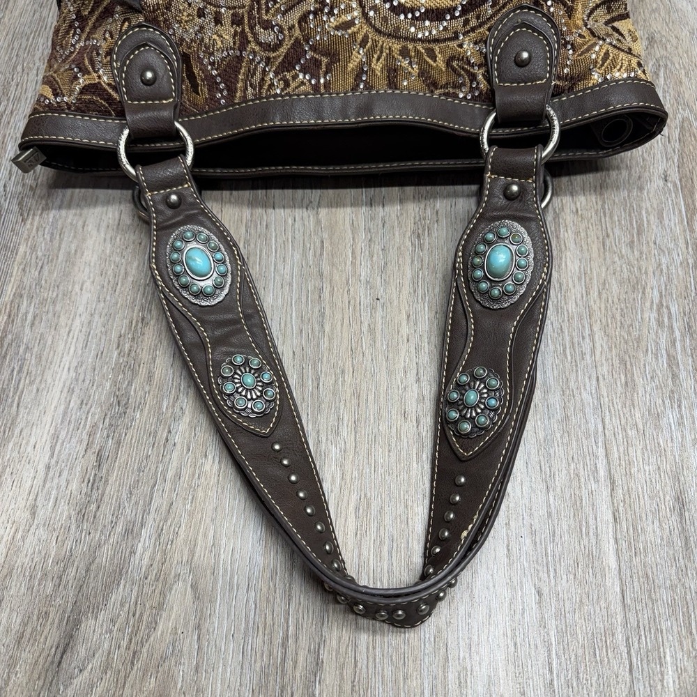 Montana West Cowgirl Tapestry Handbag Turquoise Concho Handles Rhinestone Bling - Picture 8 of 16